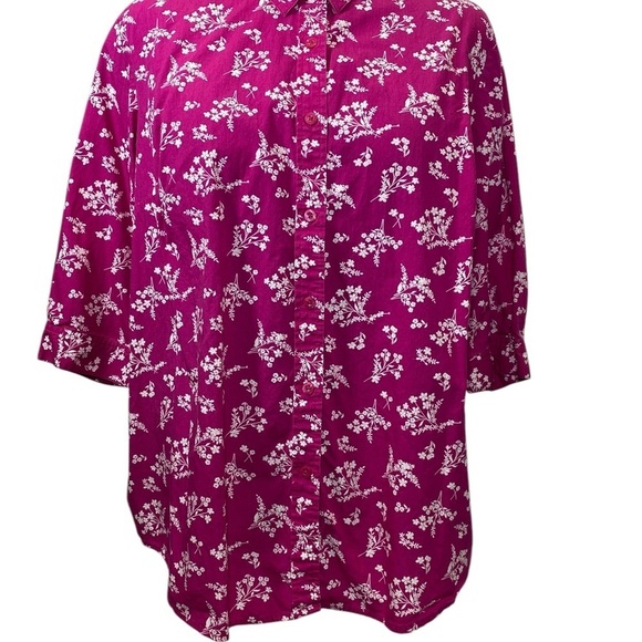 WOMEN WITHIN Plus size 2X Floral Pink Cotton Button up 1/2 sleeve blouse top - Picture 2 of 6